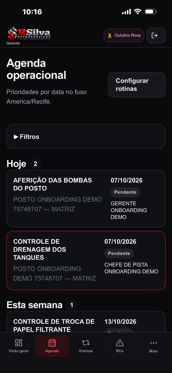 Agenda operacional com atividades planejadas por data e responsável