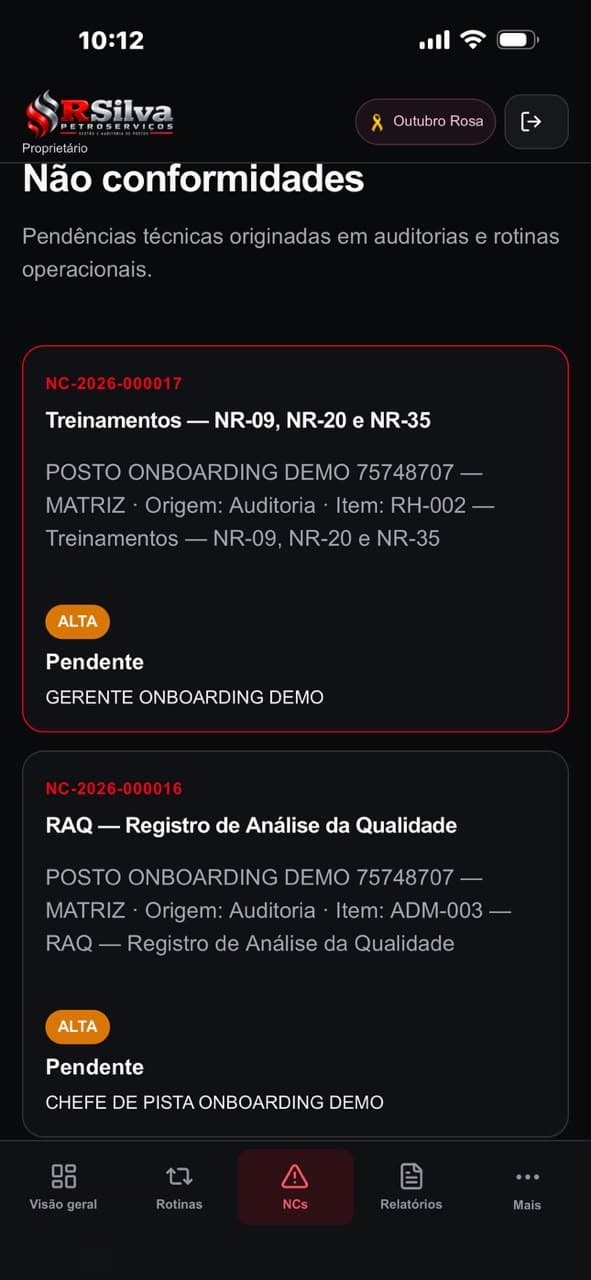 Tela de não conformidades com código, prioridade, status e responsável