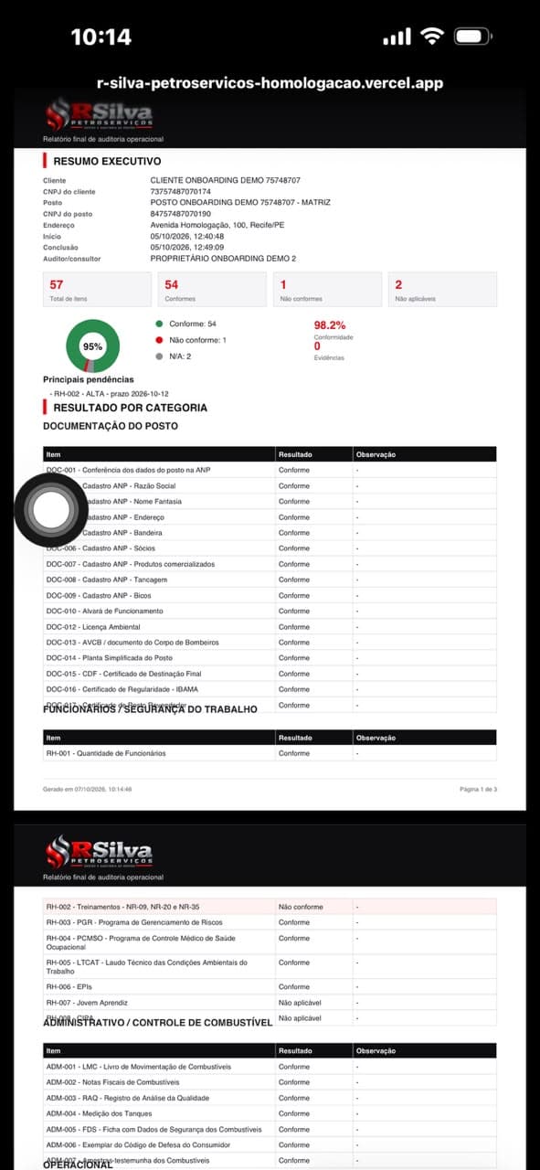 Relatório final da auditoria operacional com 57 itens e resumo executivo
