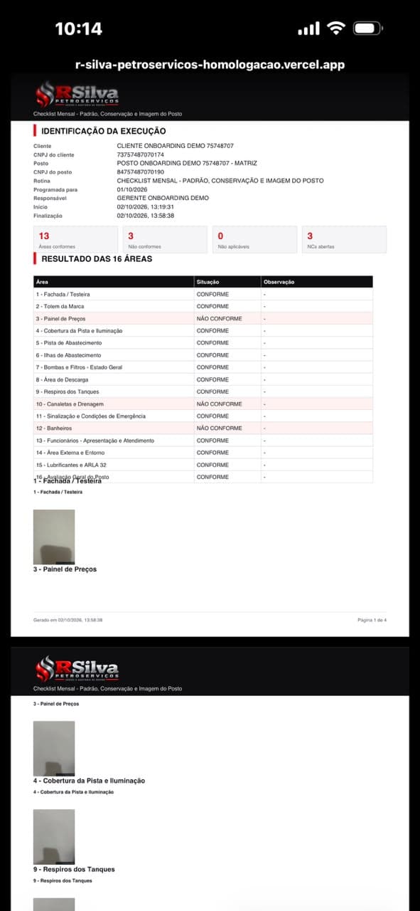 Relatório do Checklist Mensal com o resultado consolidado das 16 áreas do posto