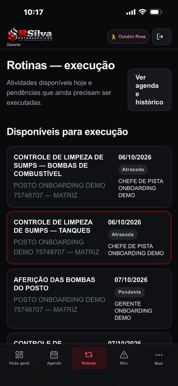 Tela de execução de rotinas com atividades, datas, status e responsáveis